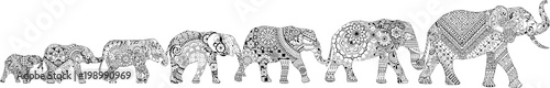7 elephants decorated in the mehendi style. Different elephants, with different patterns in oriental style.