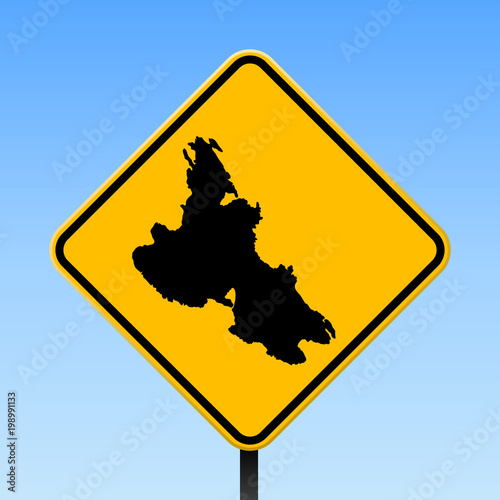 Krk map on road sign. Square poster with Krk island map on yellow rhomb road sign. Vector illustration.