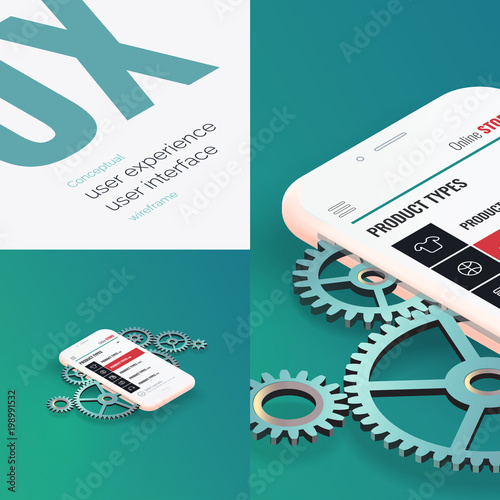 Conceptual banner, booklet, brochure,card. User experience, user interface. 3d phone with the layout of the web page. Mobile application. Abstract background