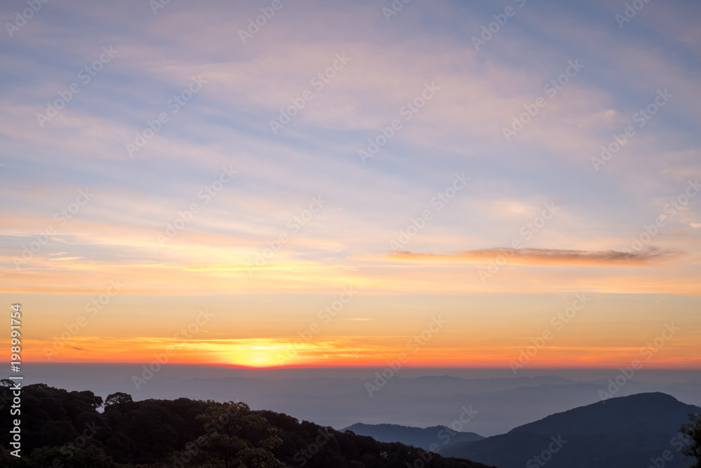 Morning atmosphere with sunrise view on the moutain of thailand.