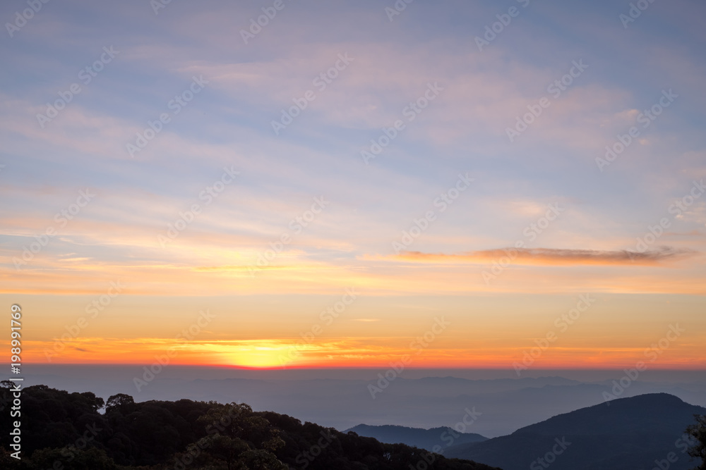 Morning atmosphere with sunrise view on the moutain of thailand.