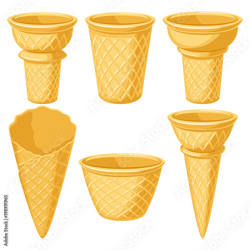 Wafer ice cream cones and containers forms set.