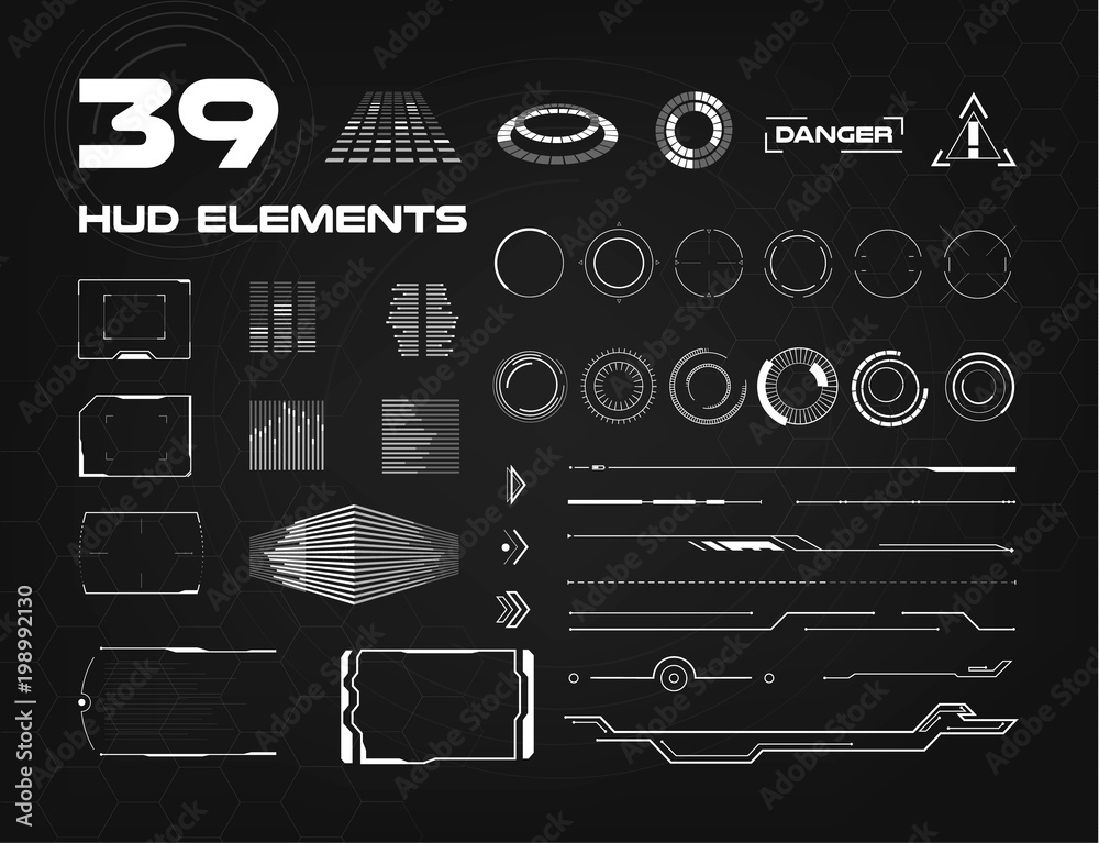 Set of black and white HUD UI elements for business app. Headup