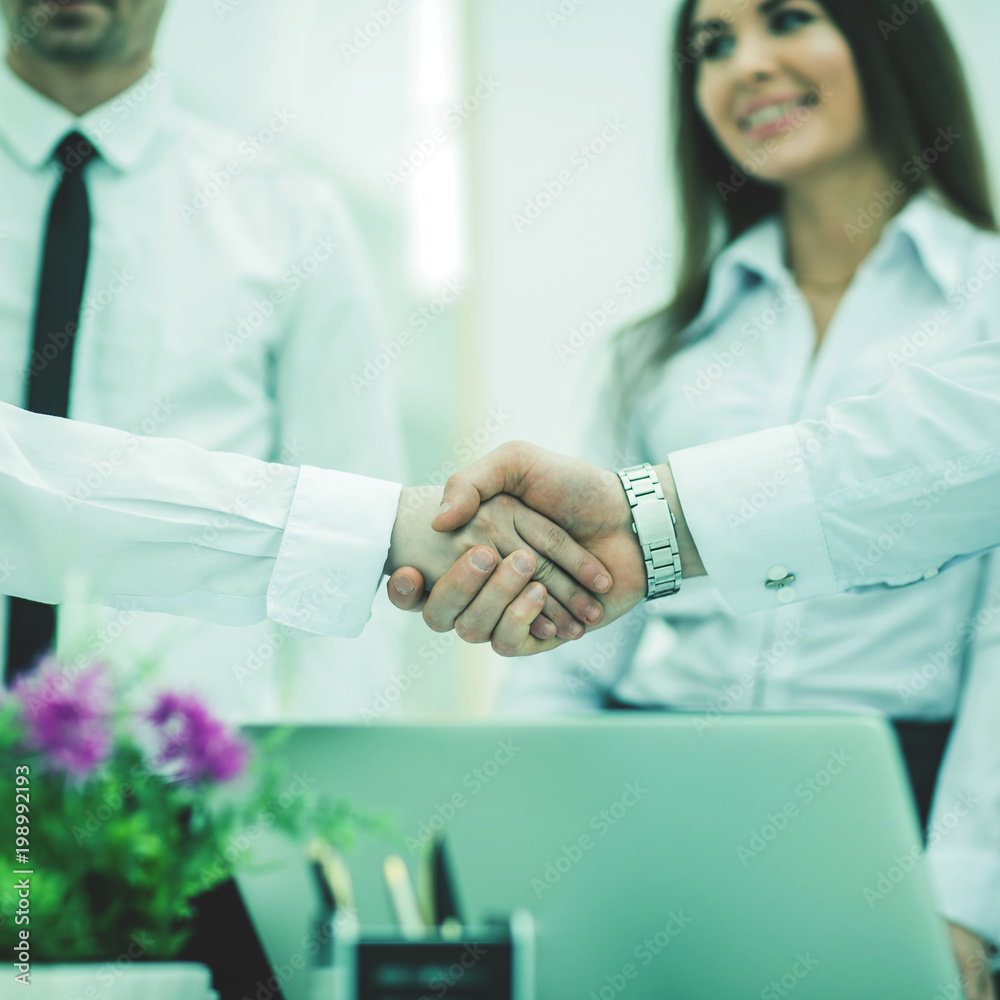 handshake of business partners on background of office workers handshake of business partners on background of office workers