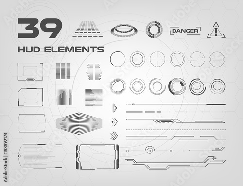 Set of black and white HUD UI elements for business app. Head-up display elements for the web and app. Futuristic user interface. Virtual graphic. Tech and science, analysis theme. Sci-fi crosshair.