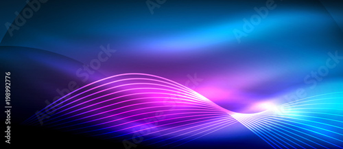 Glowing abstract wave on dark, shiny motion, magic space light. Techno abstract background