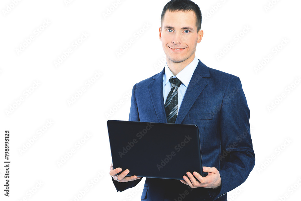 young businessman with a laptop on white background young businessman with a laptop on white background