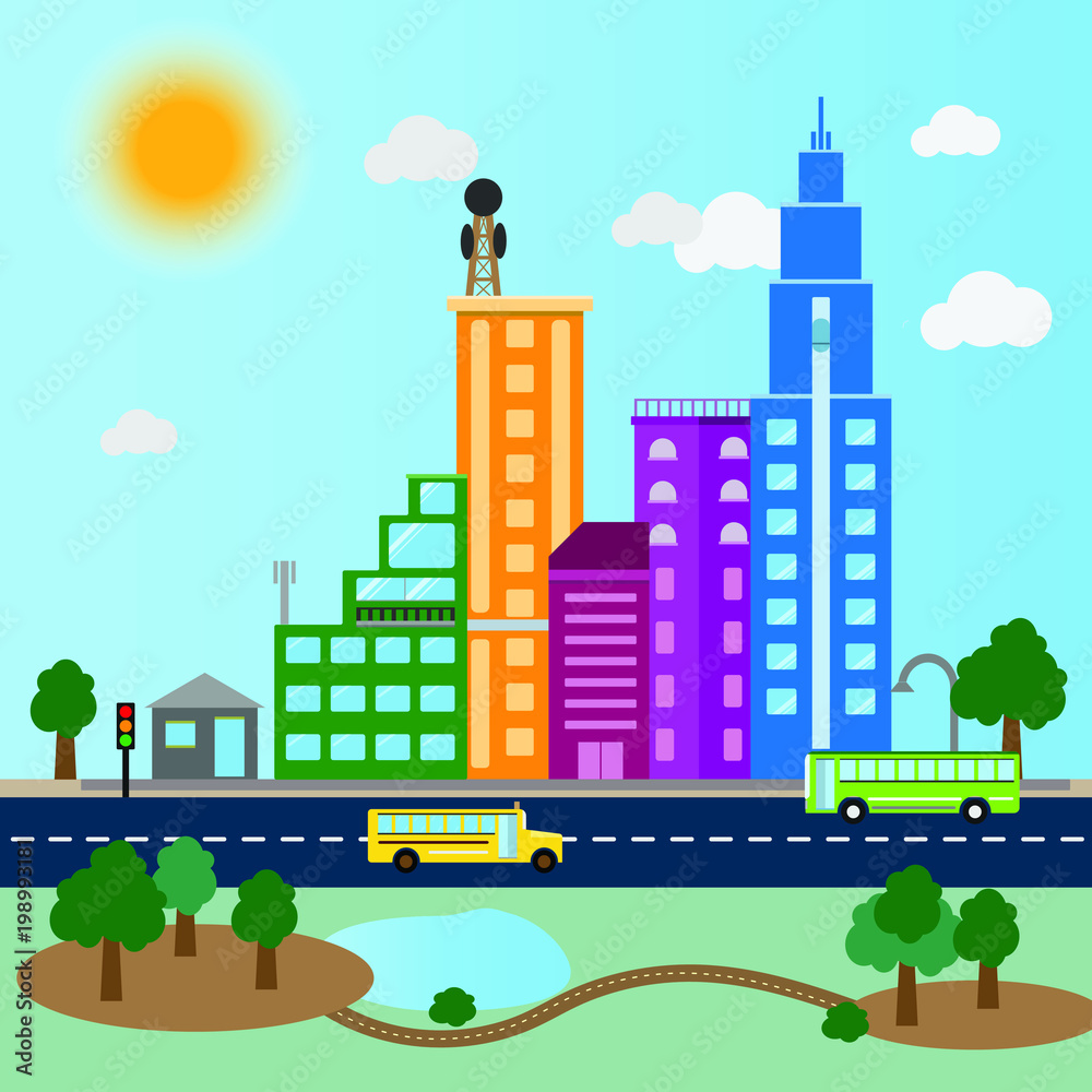 Daytime cityscape vector with sunlight and clouds