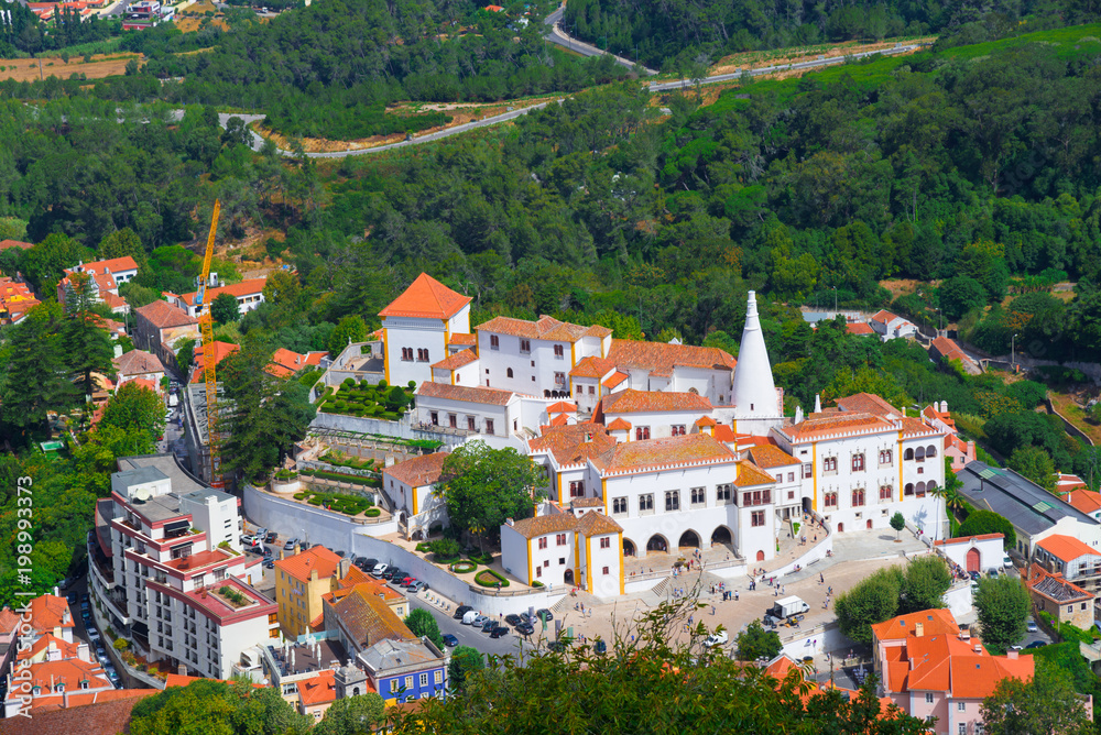 Aerial view of old medieval National Palace of  Sintra in Portugal