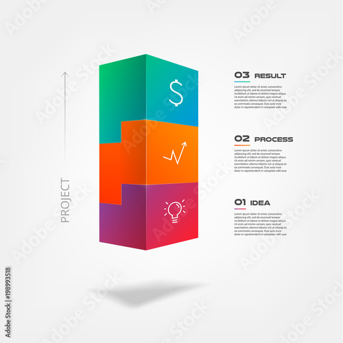 3d tetris blocks infographics step by step. Element of chart, graph, diagram with 3 options - parts, processes, timeline. Vector business template for presentation, annual report, web design