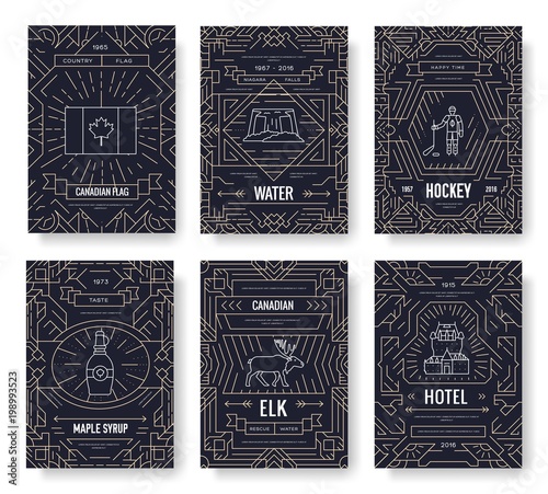 Canada thin line brochure cards set. Country traditional template of flyear, magazines, posters, book cover, banners. Architecture outline invitation concept background. Layout quality modern pages