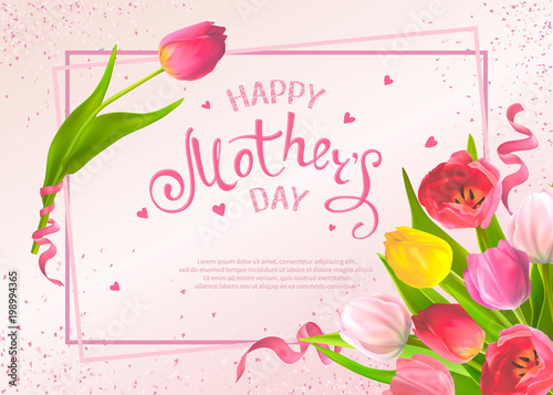 Happy Mothers Day. Template with bouquet of tulip flowers and hand-drawn lettering, shiny sequins on a pink background. Design for greeting card, invitation, poster, banner, sale announcement, voucher