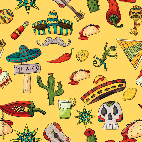 seamless pattern illustration on isolated background Mexican elements yellow background