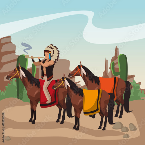 American indian warriors on horses at village cartoon vector illustration graphic design