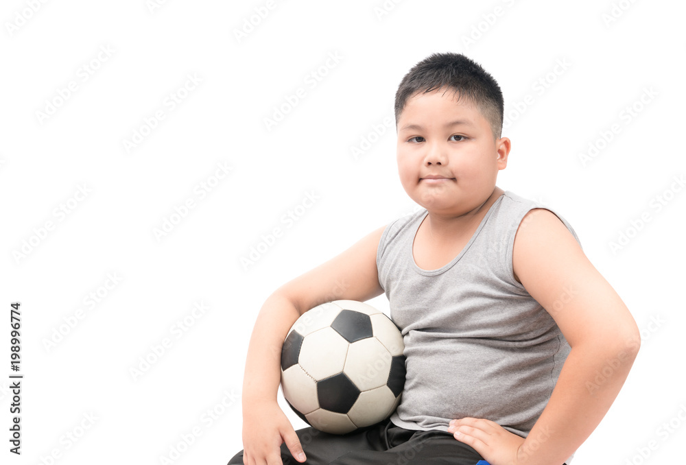 Obese fat boy holding football isolated over white