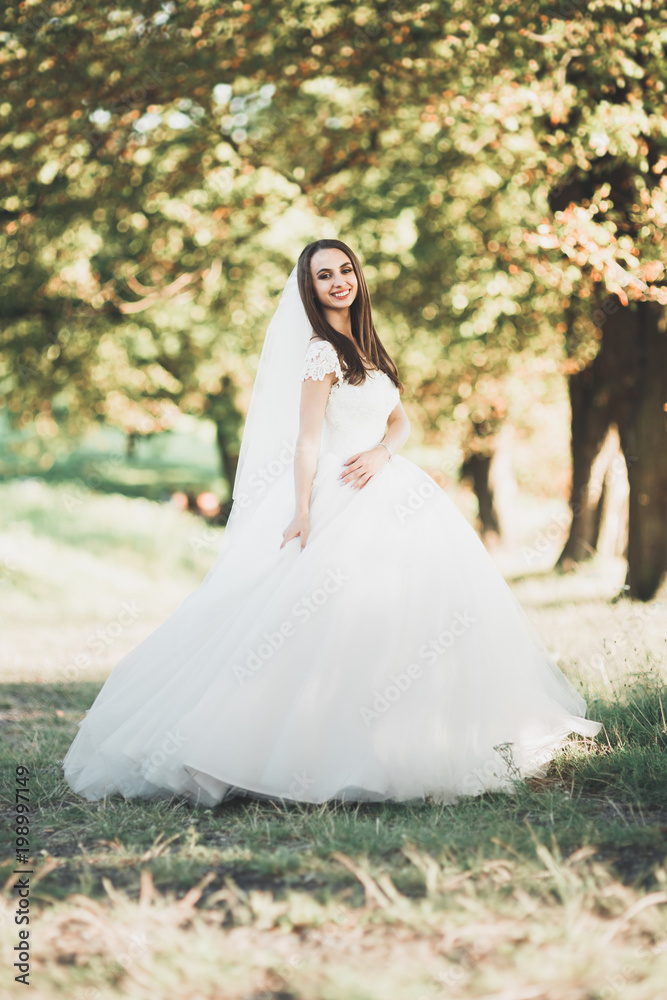 Beautiful bride in elegant white dress posing in park