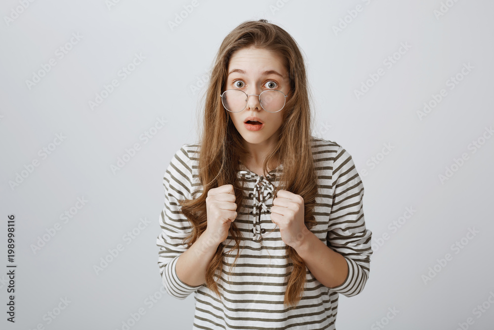 Not Timid Timid girl tries to stand for herself. Portrait of nervous smart young ...