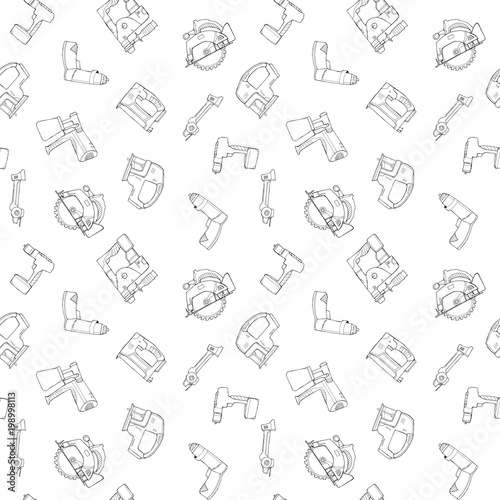 Hand drawn sketch illustration seamless pattern background with set of power tools - electric screwdriver, jig saw, screwdriver, punch, circular saw, stapler, grinder, spray gun isolated on white