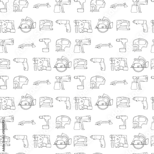 Hand drawn sketch illustration seamless pattern background with set of power tools - electric screwdriver, jig saw, screwdriver, punch, circular saw, stapler, grinder, spray gun isolated on white