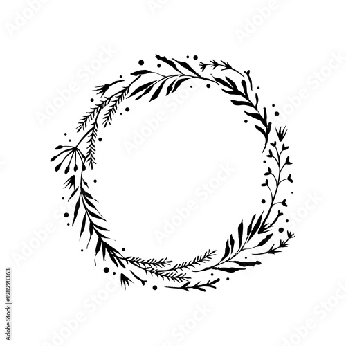 Floral rustic branch wreath for wedding invitation template design. Botanical hand drawn elements. Nature vector illustration.