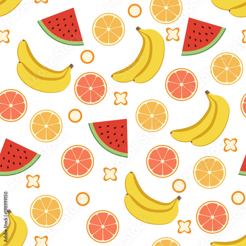 Fototapeta Naklejka Na Ścianę i Meble -  Seamless fruit pattern. Lemon, orange, watermelon, banana. Vector illustration