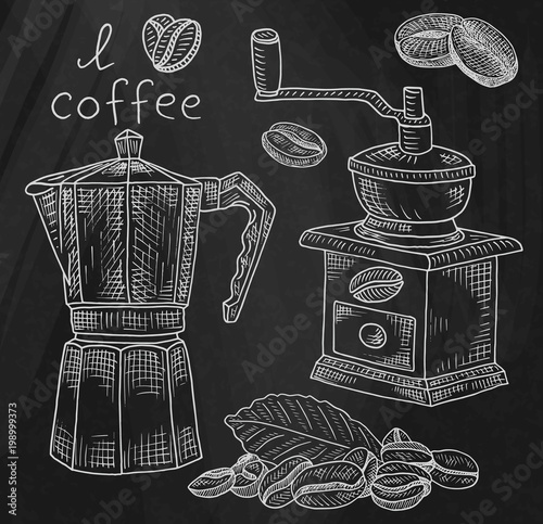 Beautiful illustration of coffee grinder and coffee pot with beans on chalkboard background