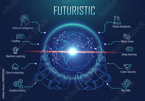 Futuristic infographic robotic hand holding virtual digital earth globe. artificial intelligence technology, big data, robot assistants, block chain, cryptocurrency icon and machine learning.