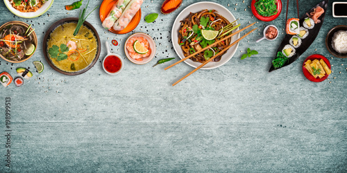 Various of asian meals on rustic background , top view , place for text.