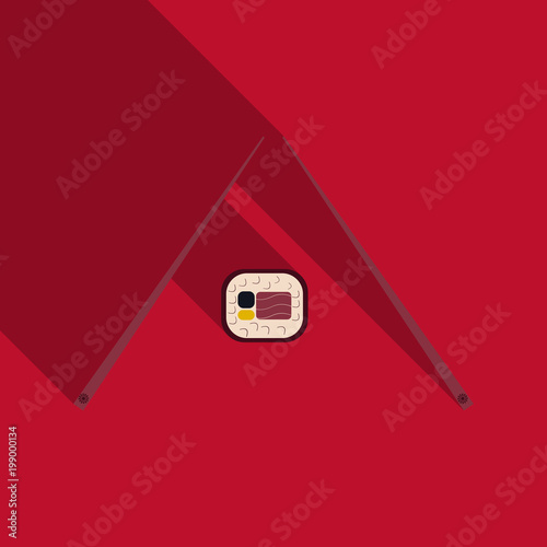 chopsticks holding sushi roll. concept of snack, susi, exotic nutrition, sushi restaurant, sea food. isolated on background. flat style trend modern logotype design vector illustration