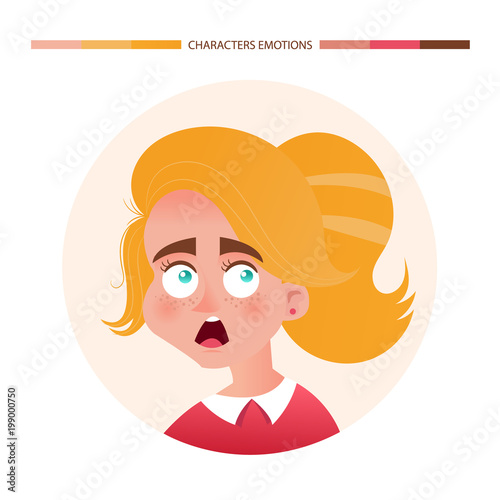 Character emotions avatar scared girl with red hair