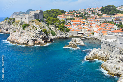 top view on coast city walls and old town in Dubrovnik Croatia 