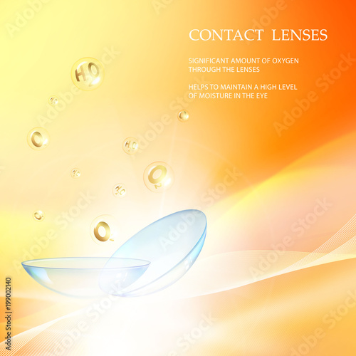 Science card with Contact Lenses sign. Orange wave flow at the top of the image over yellow background and two eye lences.