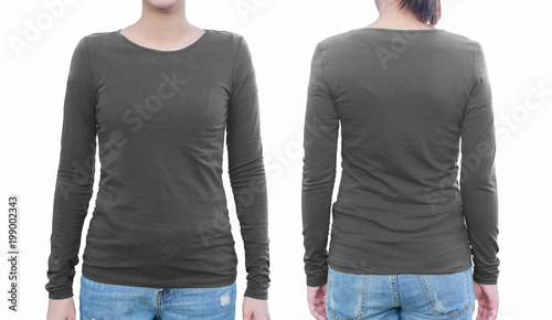 Young female with blank grey shirt, front and back. with clipping path