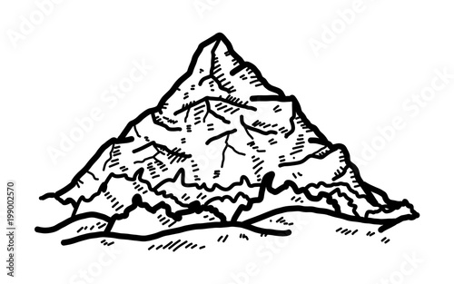 snow mountain / cartoon vector and illustration, black and white, hand drawn, sketch style, isolated on white background.