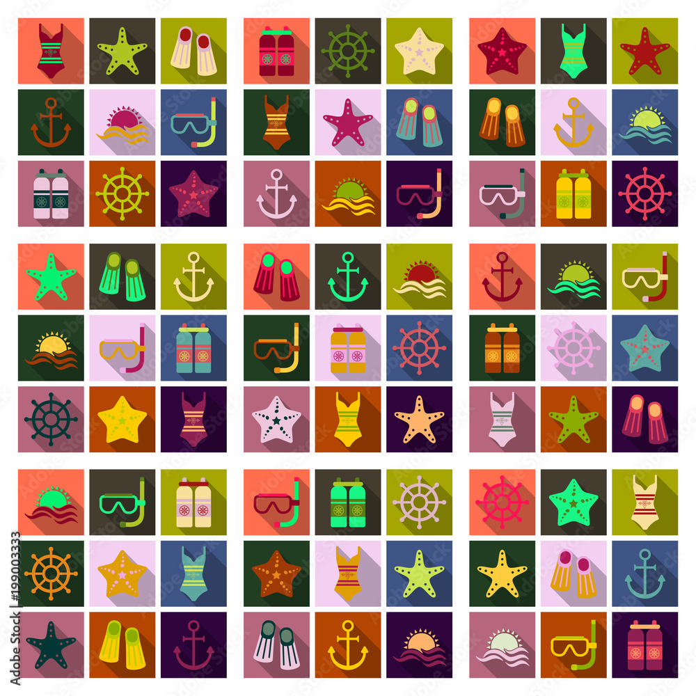 Set of cute summer icons. Bright summertime poster. Collection of elements Set of cute summer icons. Bright summertime poster. Collection of elements