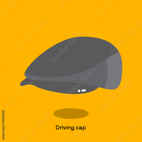 DRIVING CAP
Wool, tweed driving cap with simple shape and short brim in the front. We call flat cap, bonnet sometime. The cap is illustrated in simple fine line on the orange background.