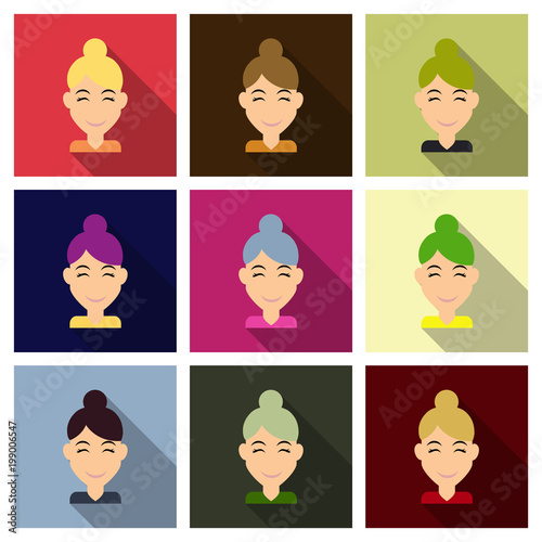 Face of a young beautiful woman with long hair. Women hairstyle icon. Logo women face with fashionable hairstyle. Vector Illustration
