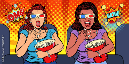 Two women with 3D glasses react differently to the movie. laughs