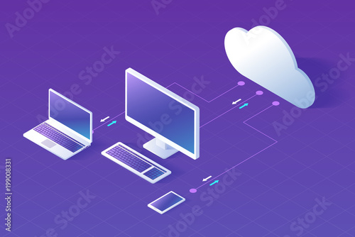 Cloud computing concept isometric vector illustration. Electronic devices, desktop computer, laptop and smartphone connected to cloud service, exchanging data.