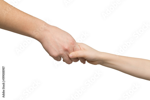 Mother holding hand of her child isolated