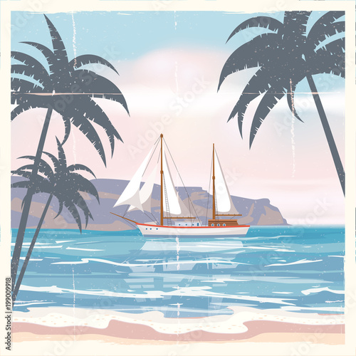 Vintage seaside summer view poster. Seascape, ship, flowers, palms. Vector background, illustrations