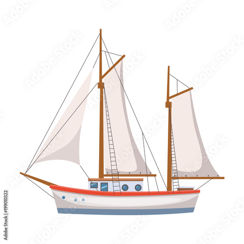 Sailing ship in the sea on seascape, vector illusration, isolated, cartoon style