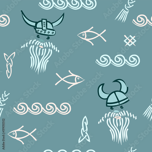 Cute hand drawn seamless pattern in retro scandinavian viking kids style ornamemt, cool baby print.