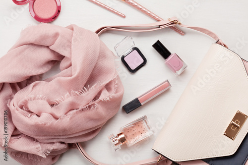 Flat lay with women accessories. Fashion, trends and shopping concept