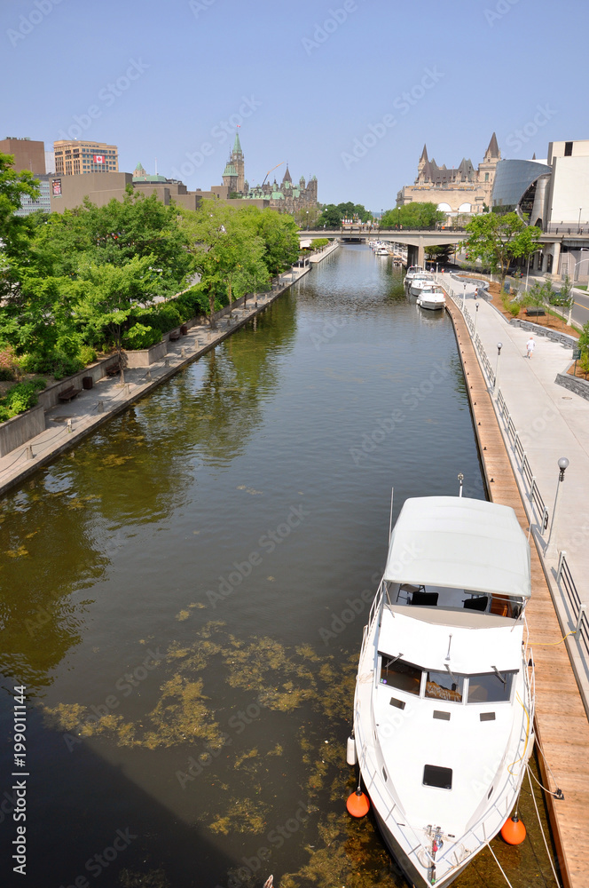 Naklejka premium Canada Parliament Buildings and Rideau Canal, Ottawa, Ontario, Canada. Rideau Canal was registered as a UNESCO World Heritage Site.