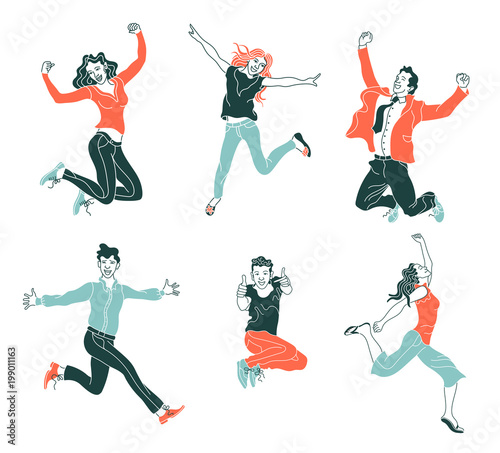 Jumping people isolated on white background.Various poses jumping people character. hand drawn style vector design illustration.happiness,freedom,motion,and people concept.Flat simple set of people