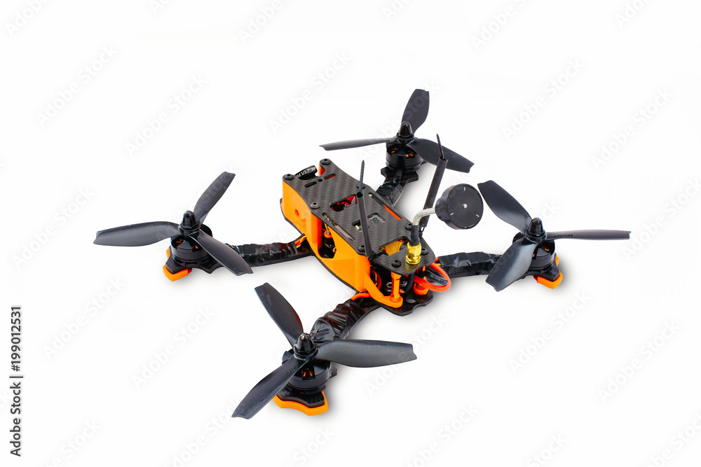 isolated drones racing FPV quadrocopter made of carbon black, drone ready for flight, stylish and modern hobby isolated drones racing FPV quadrocopter made of carbon black, drone ready for flight, stylish and modern hobby