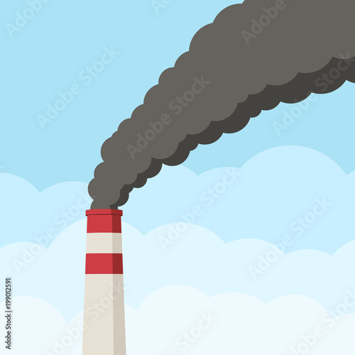 Factory pipe against the clear sky clogs the air with black smoke. Pollution of environment from industry smoke co2 emitting. Smoke from the pipes. Vector illustration