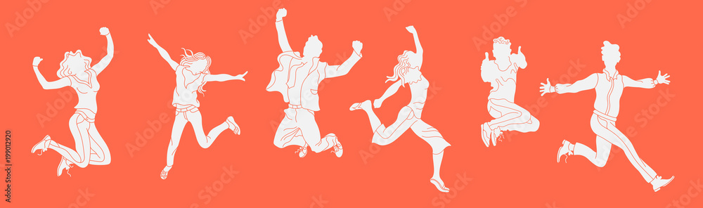 Jumping people silhouette on the orange background.various poses jumping people character. hand drawn style vector design illustrations.happiness, freedom, motion and people concept.Horizontal banner