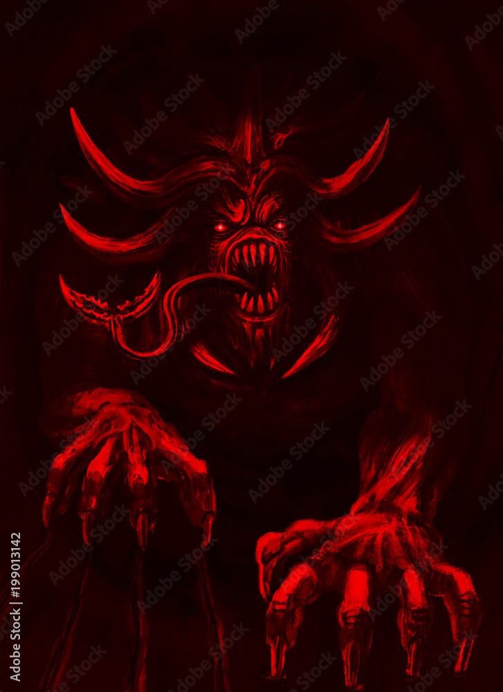 Fototapeta premium Terrible demon with horns crawls out from hell